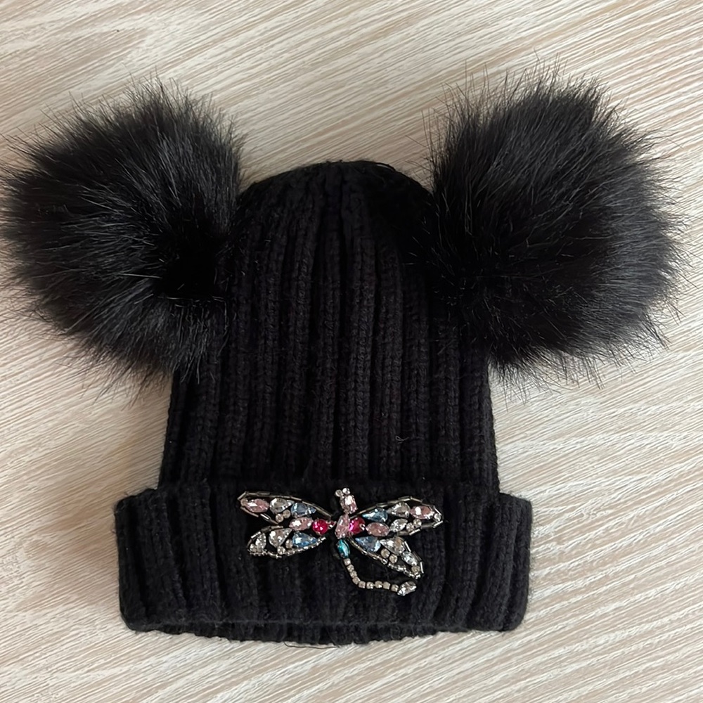Dragonfly encrusted winter Pom Pom hat